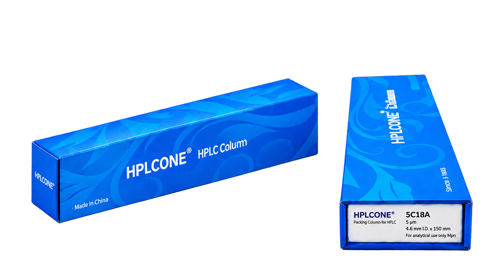 Two blue HPLCONE HPLC column packaging boxes for a 4.6 × 150 mm column