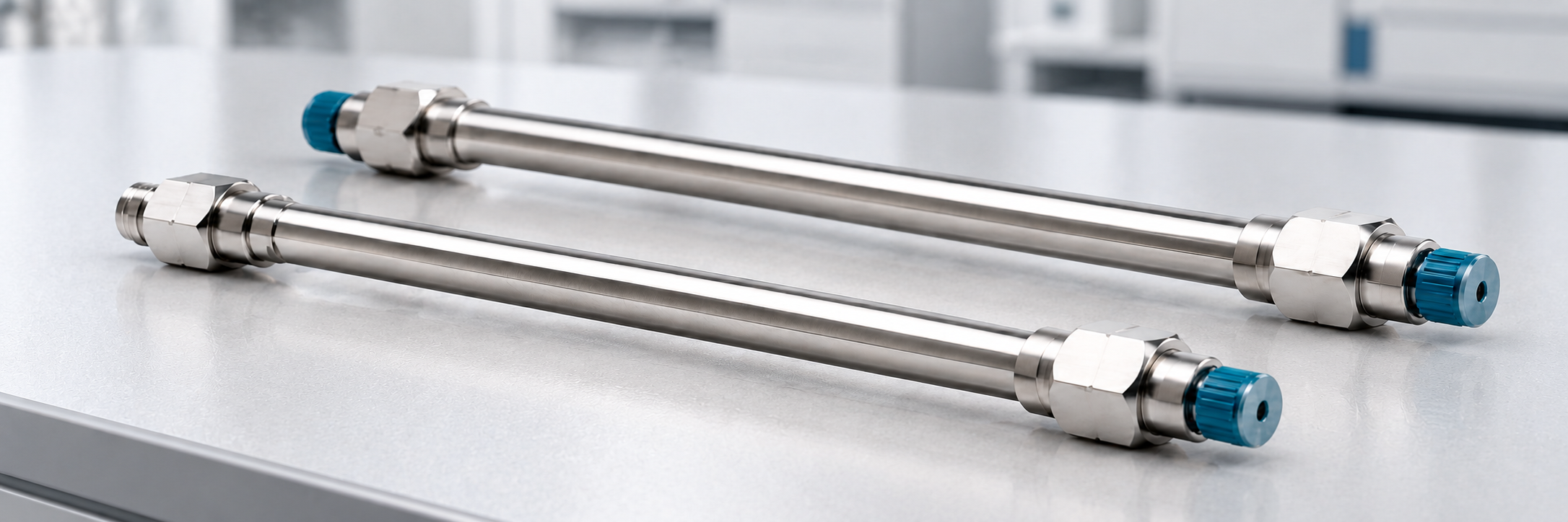 Two stainless-steel HPLC columns on a laboratory workbench