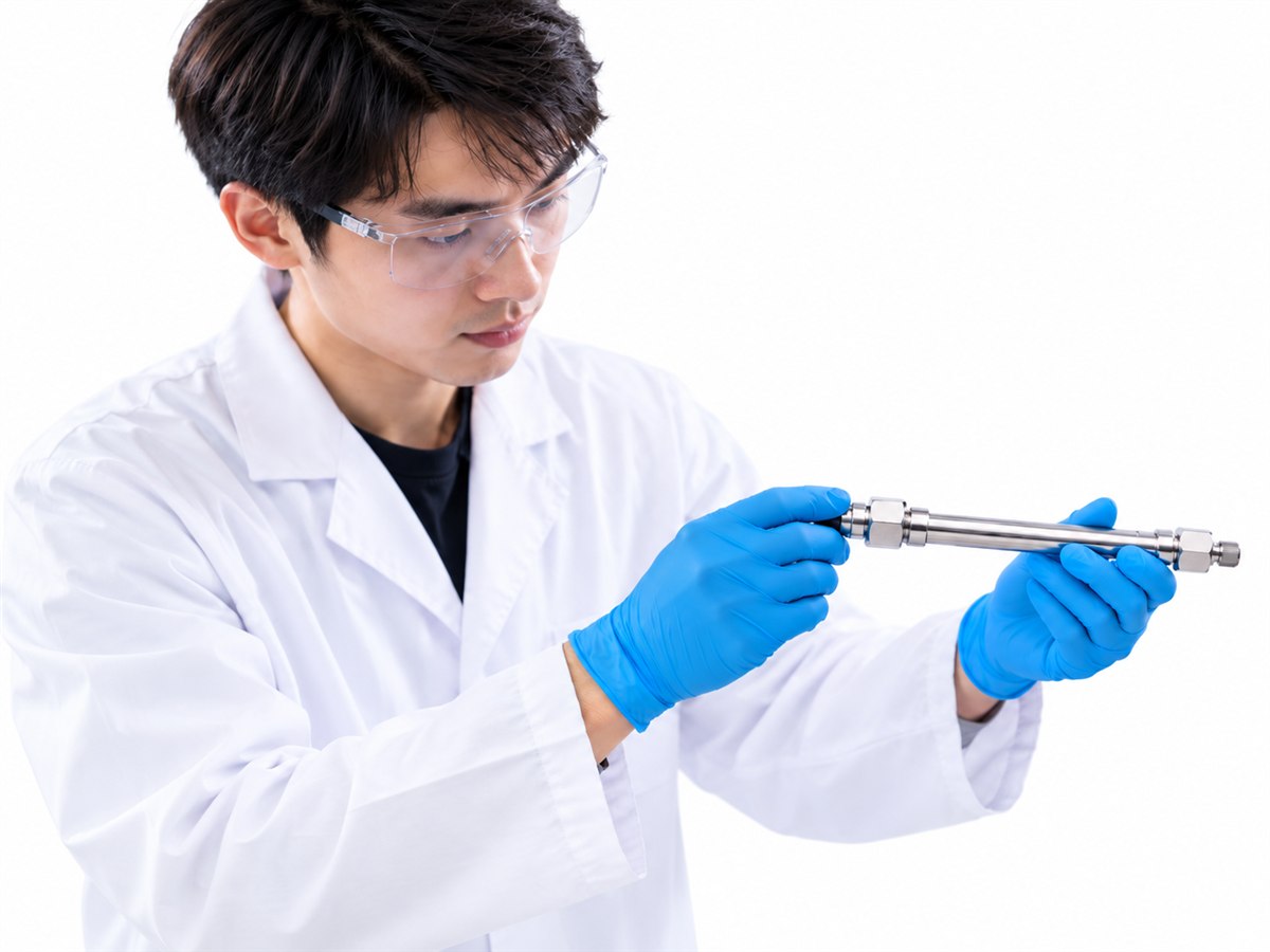 Laboratory analyst inspecting a stainless-steel HPLC column