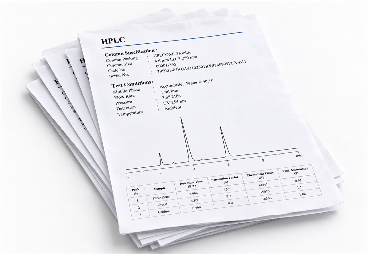 Stack of HPLC quality-control reports with chromatograms and test conditions