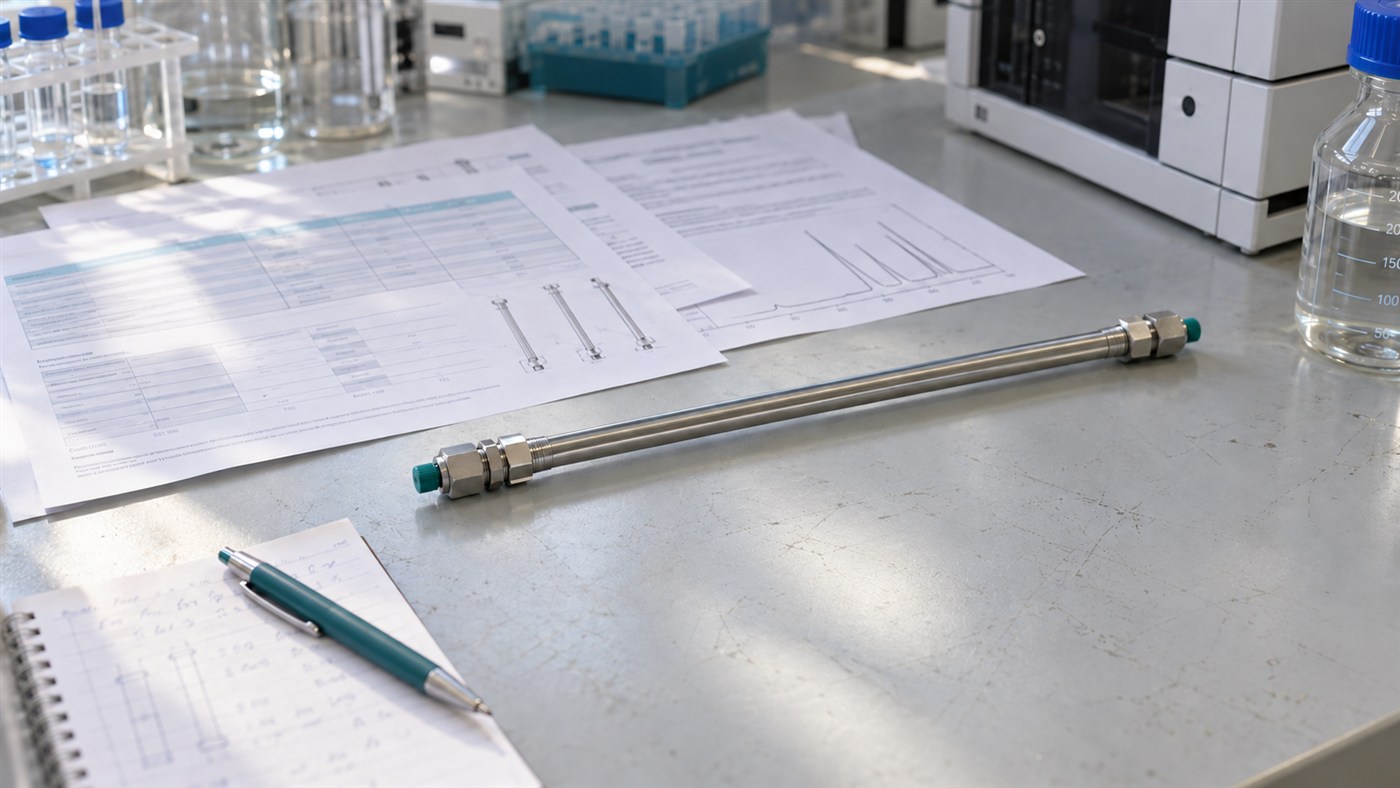 HPLC column with specification sheets and notes on a working laboratory bench