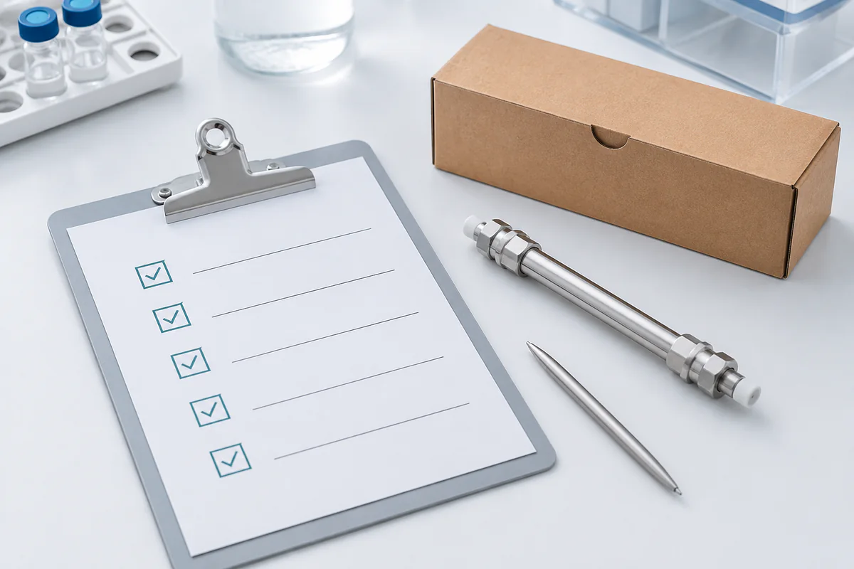 A quotation requirements checklist beside an HPLC column