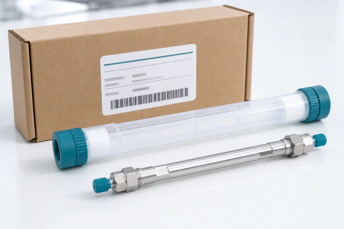 A packaged HPLC column prepared for delivery