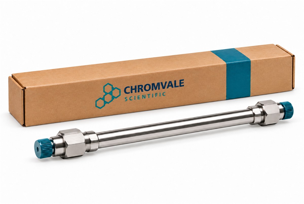 Long ChromVale Scientific shipping box and stainless-steel HPLC column on a white background